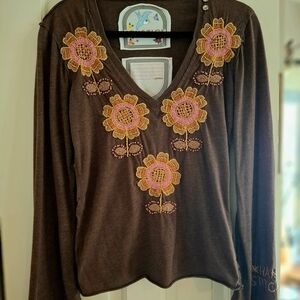 Brown Long-Sleeve V-Neck Top with Pink & Yellow Floral Embroidery